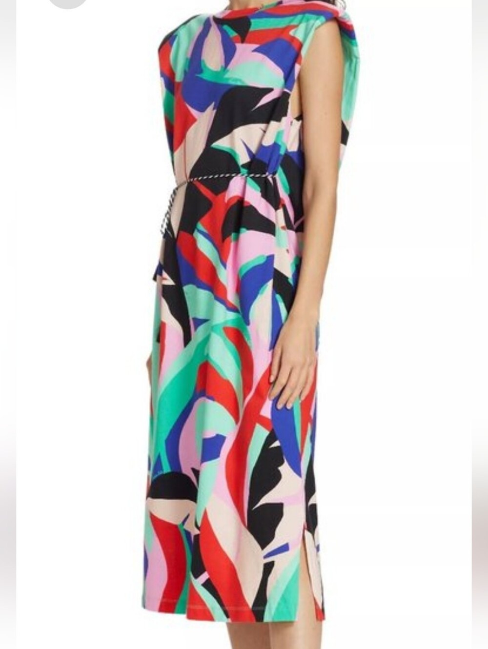 FARM RIO Monstera Cotton Midi Dress XS Abstract Rope Tie